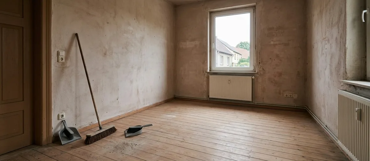 Leerer Altbauraum mit Dielenboden und abgezogenen Wänden, an der Wand lehnt ein Schrubber, davor liegen Kehrblech und Handfeger neben einem kleinen Häufchen Kehrgut