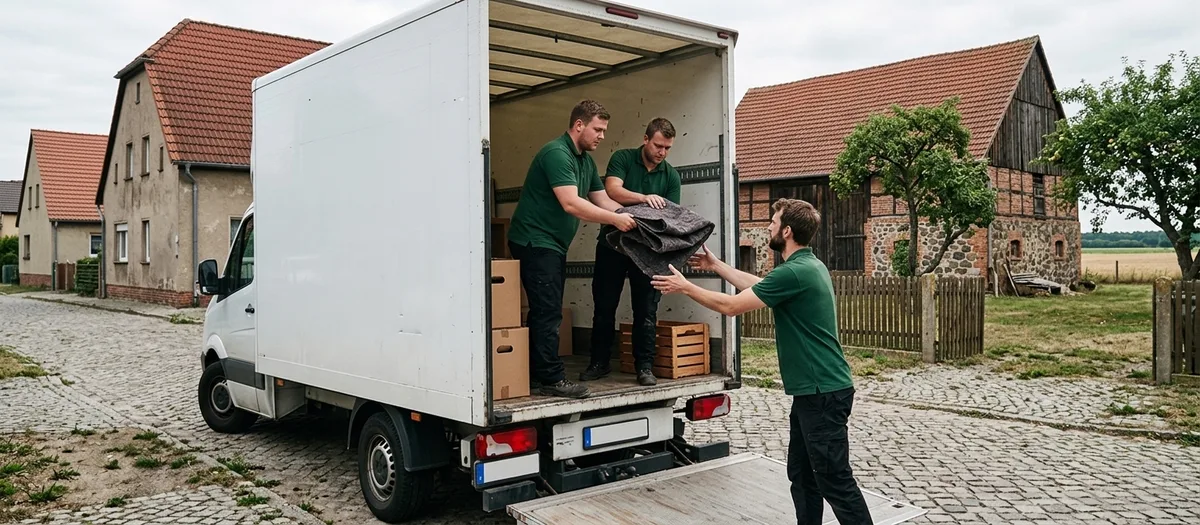 Drei Männer in grünen Poloshirts beim Beladen eines weißen Möbelwagens: zwei stehen im Laderaum zwischen Kartons und Holzkisten und nehmen eine Möbeldecke von einem dritten entgegen, der auf dem Kopfsteinpflaster vor der Ladebordwand steht.