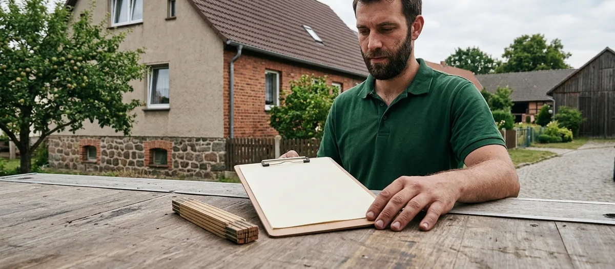 Ein Mitarbeiter im grünen Poloshirt sitzt an einem verwitterten Holztisch im Freien, vor ihm ein Klemmbrett mit leerem Blatt und ein zusammengeklappter Zollstock, dahinter ein Wohnhaus mit Feldsteinsockel und Backsteinfassade.