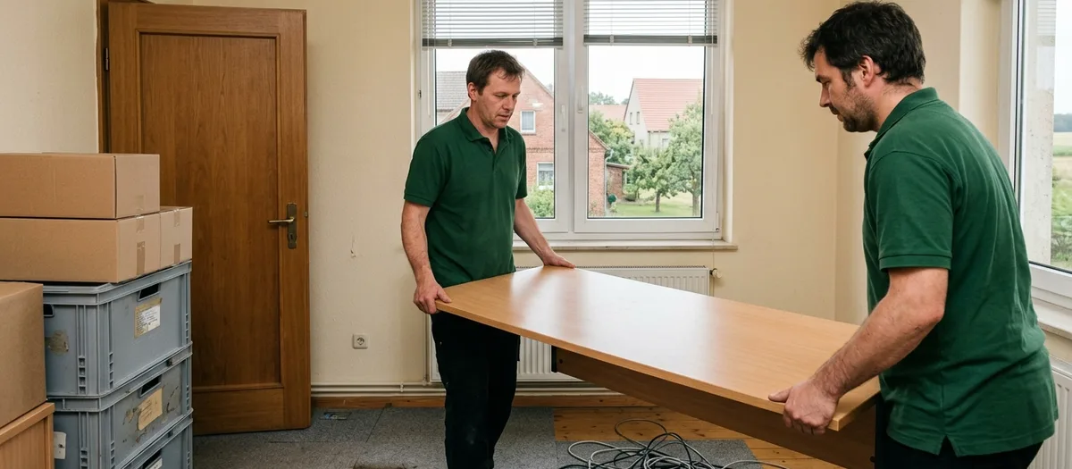 Zwei Umzugshelfer in grünen Polohemden tragen eine helle Schreibtischplatte aus einem geräumten Büroraum, links stapeln sich Umzugskartons und graue Transportkisten, auf dem Boden liegt ein aufgerolltes Kabelbündel