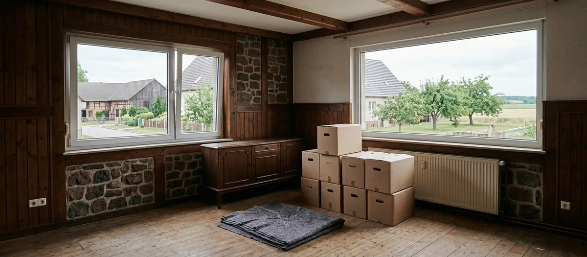 Leergeräumtes Zimmer mit Holzvertäfelung und Feldsteinsockel, gestapelte Umzugskartons und eine zusammengelegte Möbeldecke auf den Dielen, durch die Fenster Scheune und Obstwiese.