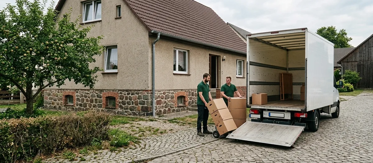 Zwei Umzugshelfer in grünen Polohemden schieben eine mit Kartons beladene Sackkarre über das Kopfsteinpflaster eines Hofes zum Möbelwagen mit ausgefahrener Ladebordwand, dahinter ein Einfamilienhaus mit Feldsteinsockel und Apfelbaum