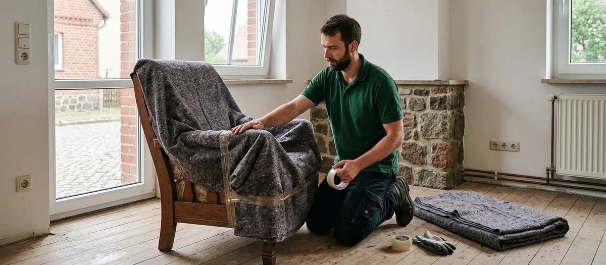 Mann im grünen Poloshirt kniet auf Dielenboden und klebt eine Filzdecke um einen Holzsessel, daneben liegen eine zusammengelegte zweite Decke, eine Rolle Klebeband und Arbeitshandschuhe