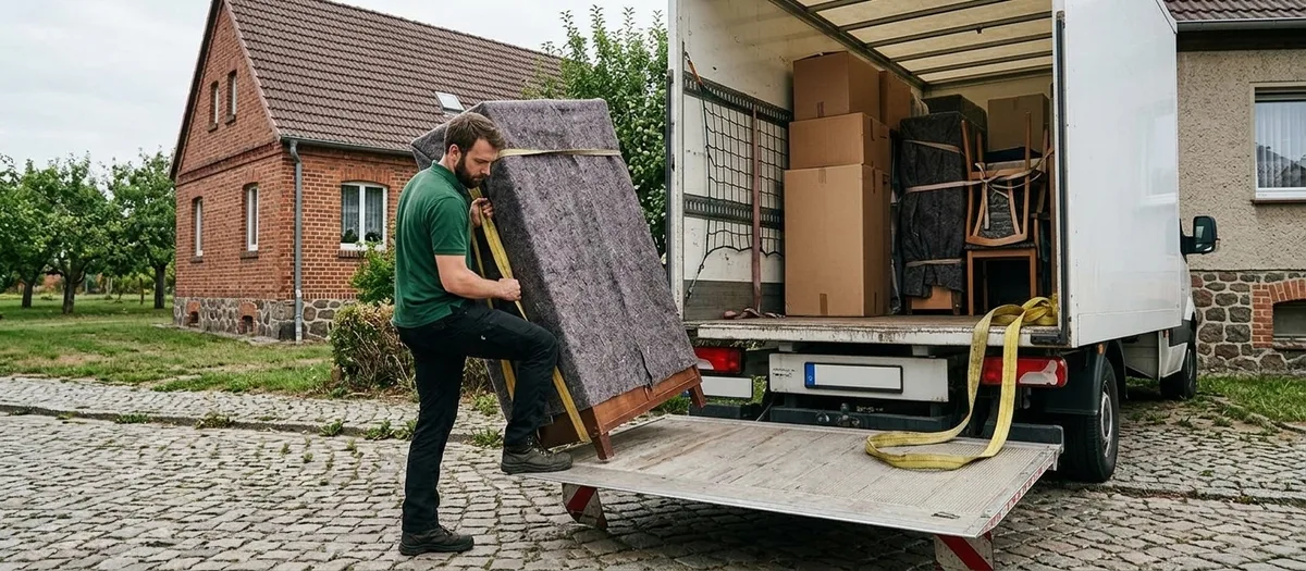 Umzugshelfer im grünen Polohemd schiebt eine in graue Möbeldecken gewickelte und mit gelben Gurten gesicherte Kommode auf die Ladebordwand eines Kastenwagens, im Hintergrund ein Backsteinhaus mit Feldsteinsockel an einer Kopfsteinpflasterstraße