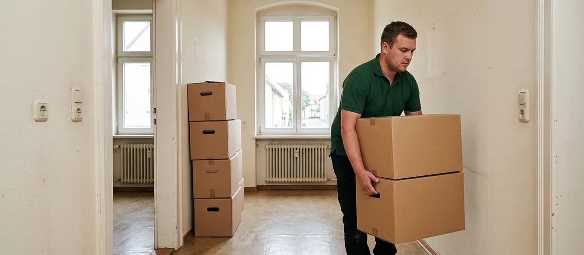 Umzugshelfer im grünen Poloshirt trägt zwei gestapelte Umzugskartons durch den Flur einer leergeräumten Altbauwohnung, im Nebenzimmer stehen vier weitere Kartons vor dem Sprossenfenster