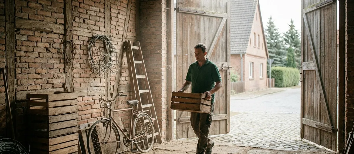 Mitarbeiter trägt eine alte Holzkiste durch das offene Scheunentor nach draußen, im Inneren lehnen ein altes Fahrrad, eine Holzleiter und Drahtrollen an der Backsteinwand.