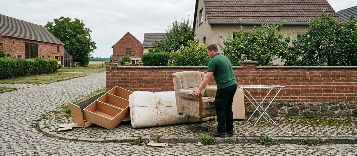 Mitarbeiter im grünen Poloshirt stellt einen ausrangierten Sessel neben Matratze, ausgebauten Schubkästen und Pappe an einer Backsteinmauer bereit, dahinter ein gepflasterter Dorfanger mit Klinkerscheune.