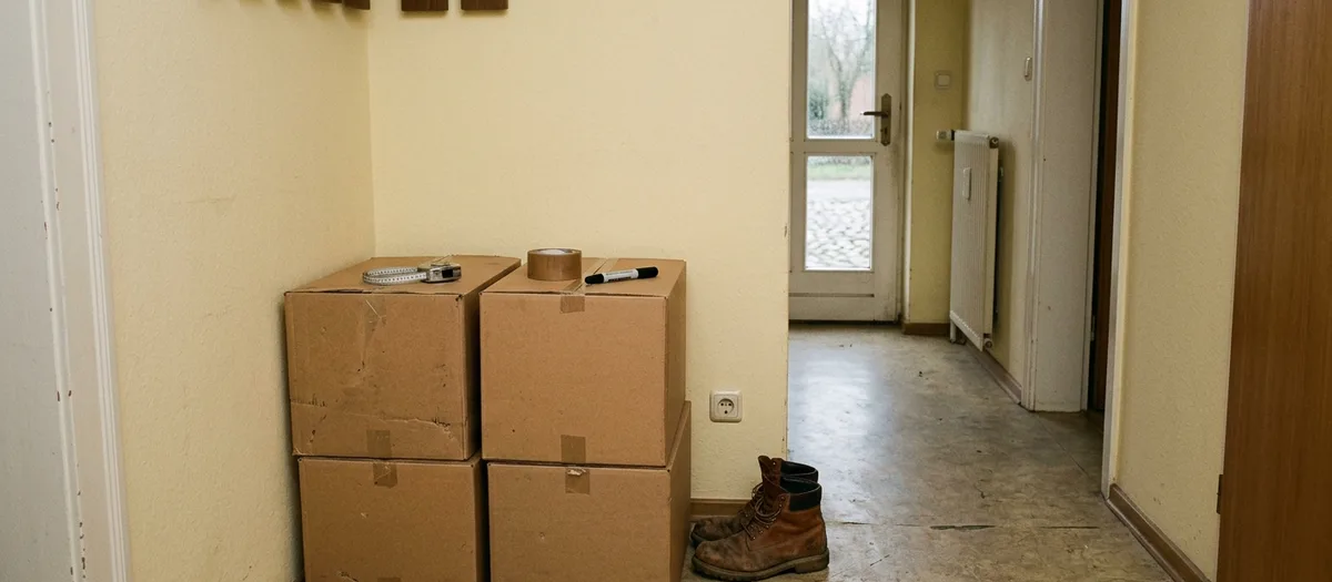 Gestapelte Umzugskartons im Flur einer leeren Wohnung, obenauf ein Maßband, eine Rolle Klebeband und ein Filzstift, daneben ein Paar Arbeitsstiefel, im Hintergrund die offene Haustür