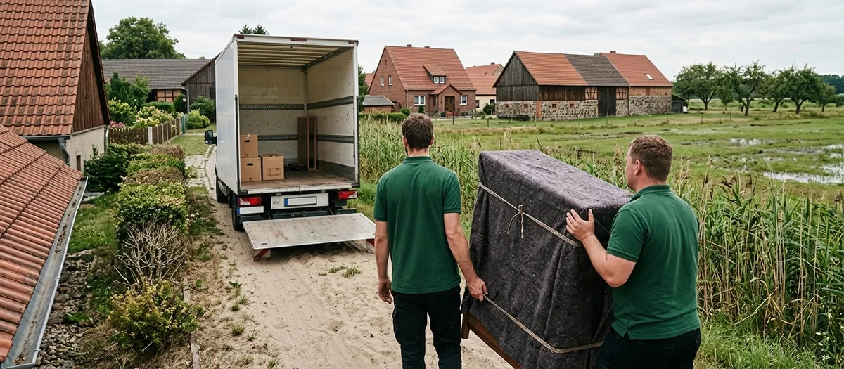 Zwei Träger in grünen Polohemden tragen ein in Decken gewickeltes Möbelstück über einen Sandweg zum offenen Möbelwagen, rechts Schilf und eine feuchte Wiese, dahinter Ziegeldächer und eine Feldsteinscheune