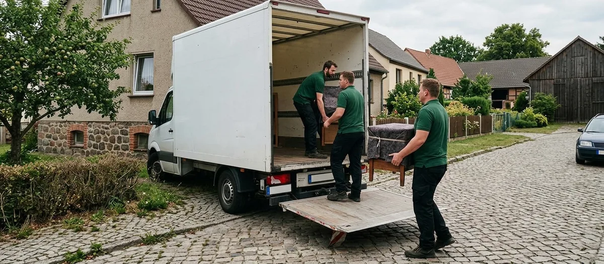 Drei Träger in grünen Polohemden laden ein mit Decken abgedecktes Möbelstück über die Ladebordwand in einen weißen Kastenwagen, daneben eine Dorfstraße mit Kopfsteinpflaster, Wohnhaus mit Feldsteinsockel und eine Holzscheune