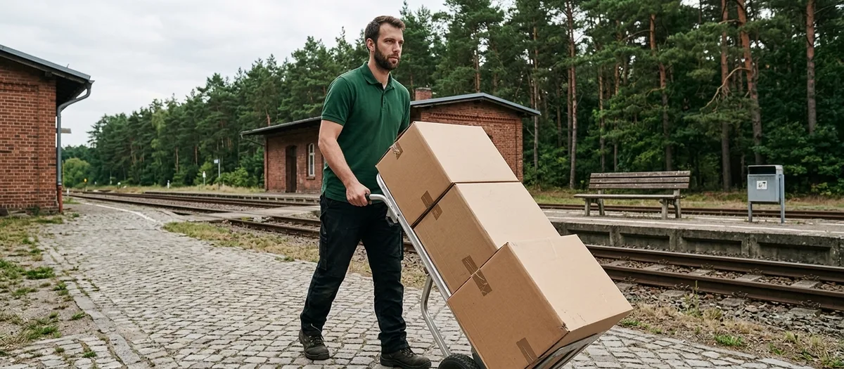 Träger in grünem Polohemd zieht eine Sackkarre mit drei großen Umzugskartons über das Pflaster eines Bahnsteigs, dahinter Gleise, ein kleines Backsteingebäude und Kiefernwald