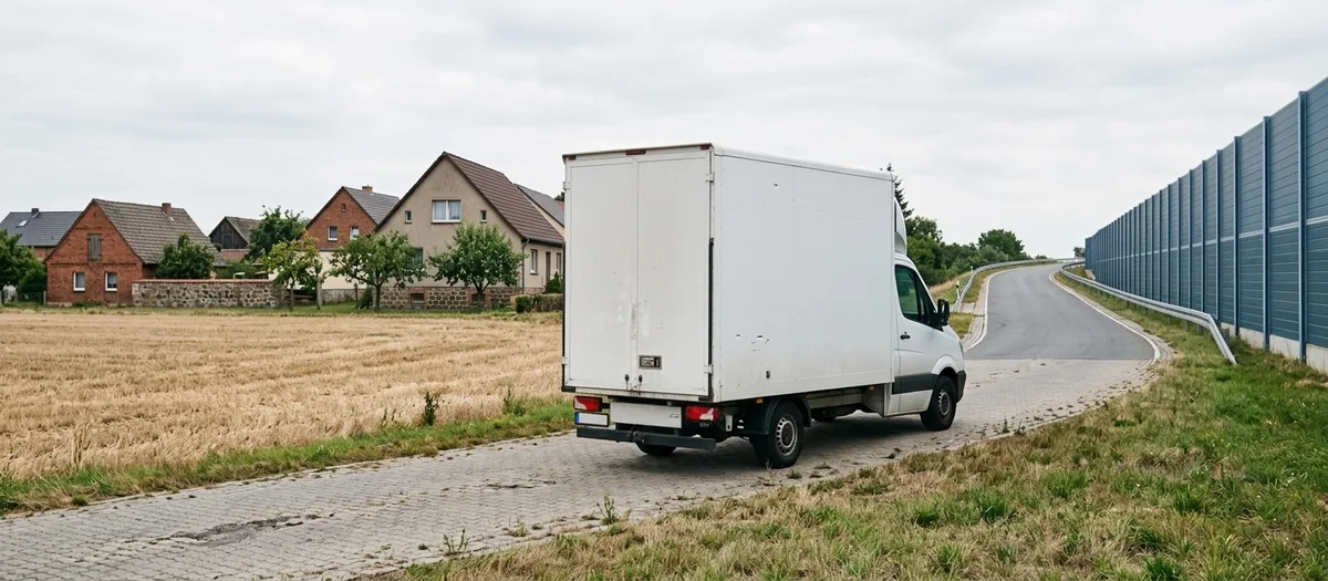 Weißer Transporter mit Kofferaufbau auf einem gepflasterten Weg neben einem abgeernteten Feld, links Wohnhäuser eines Dorfes, rechts eine blaue Lärmschutzwand an der Straße