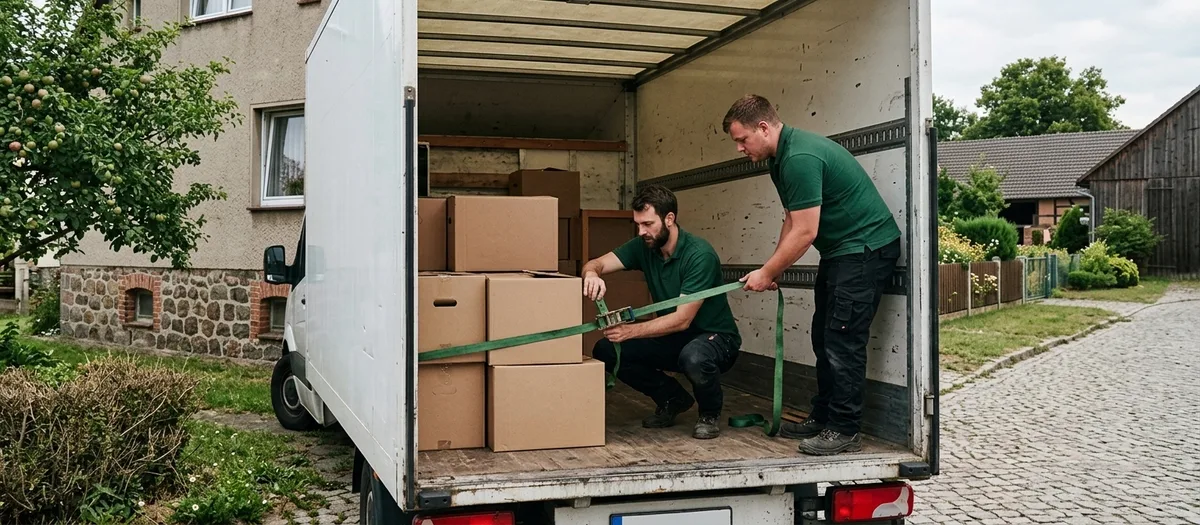 Zwei Männer in grünen Poloshirts ziehen im Laderaum eines Transporters einen grünen Spanngurt über gestapelte Umzugskartons, der Wagen steht auf Kopfsteinpflaster vor einem Haus mit Feldsteinsockel