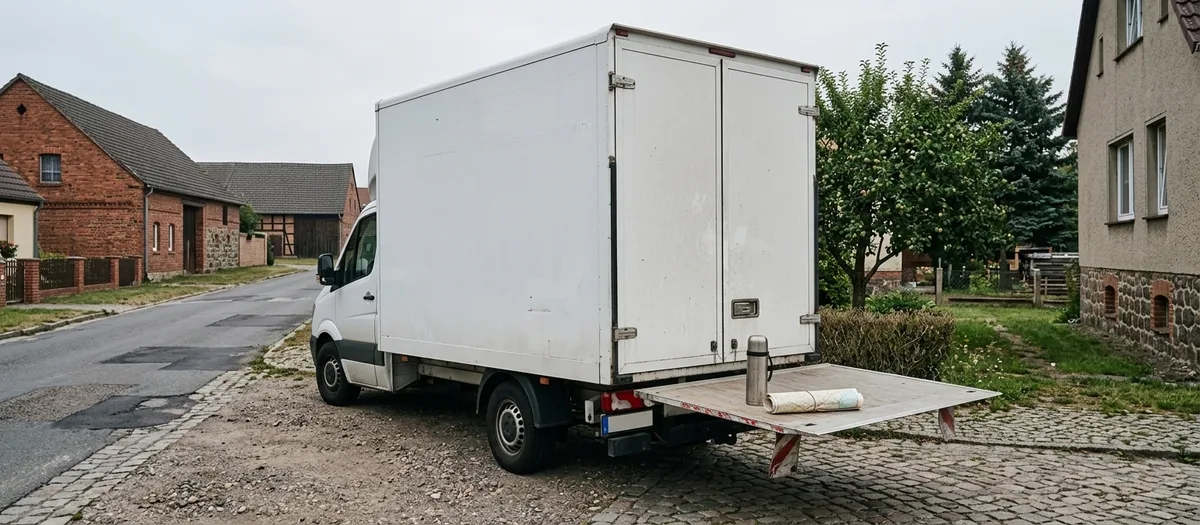 Weißer Möbelwagen mit heruntergelassener Ladebordwand steht auf Kopfsteinpflaster in einer Dorfstraße, auf der Bordwand eine Thermoskanne und eine zusammengerollte Karte, im Hintergrund Backsteinhäuser