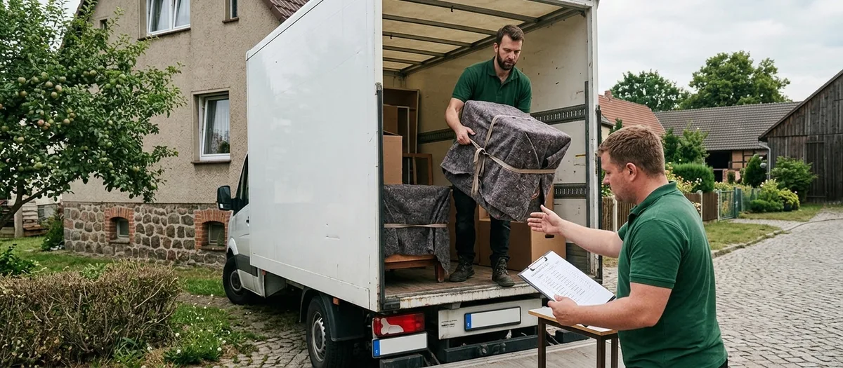 Ein Träger im grünen Poloshirt reicht aus dem Laderaum ein in Filzdecken eingeschlagenes Möbelstück heraus, davor steht ein zweiter Mann mit einem Klemmbrett und einer Liste an einem kleinen Tisch
