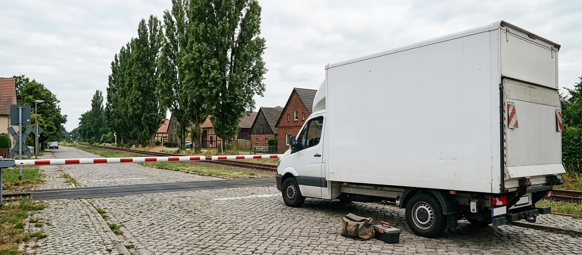 Weißer Möbelwagen steht auf Kopfsteinpflaster vor einem geschlossenen Bahnübergang mit rotweißer Schranke, auf dem Boden eine Werkzeugtasche und ein Werkzeugkoffer, im Hintergrund eine Pappelreihe und Dorfhäuser