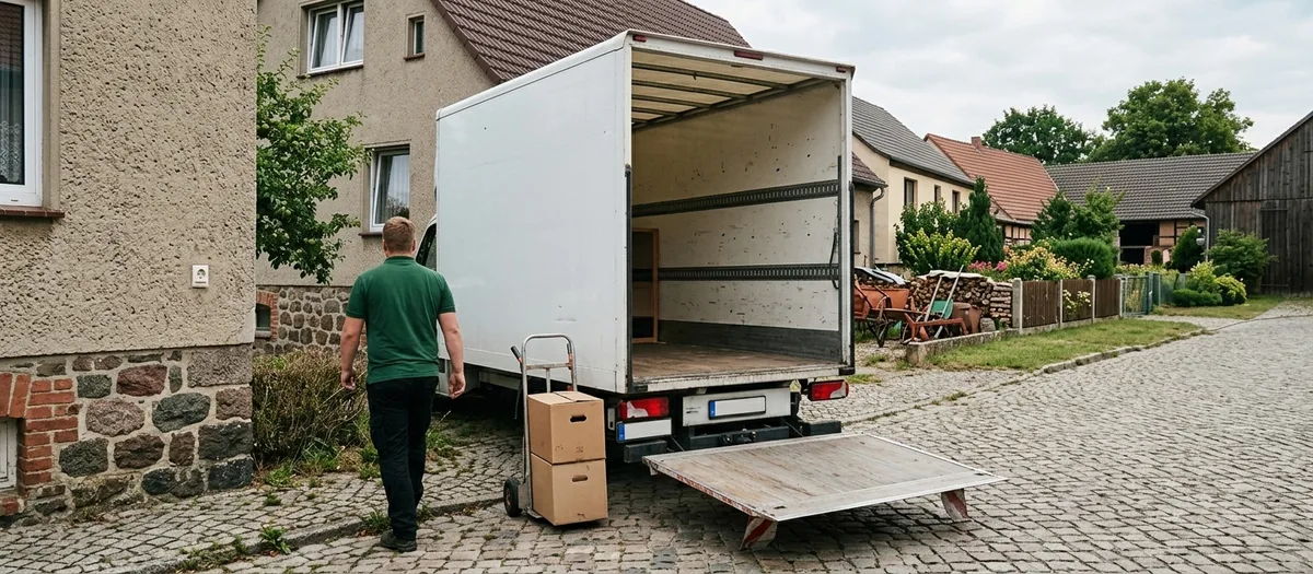 Träger in grünem Polohemd geht neben einer Sackkarre mit zwei Kartons auf die heruntergeklappte Ladebordwand eines offenen Möbelwagens zu, Kopfsteinpflasterstraße mit Putzhaus und Feldsteinsockel
