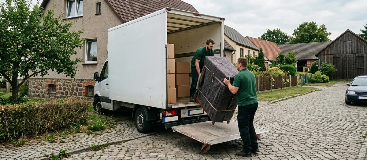 Blick in den offenen Laderaum eines weißen Möbelwagens mit gestapelten Umzugskartons an der Seitenwand, während zwei Männer in grünen Poloshirts ein in eine Decke gehülltes Möbelstück über die Ladebordwand tragen.