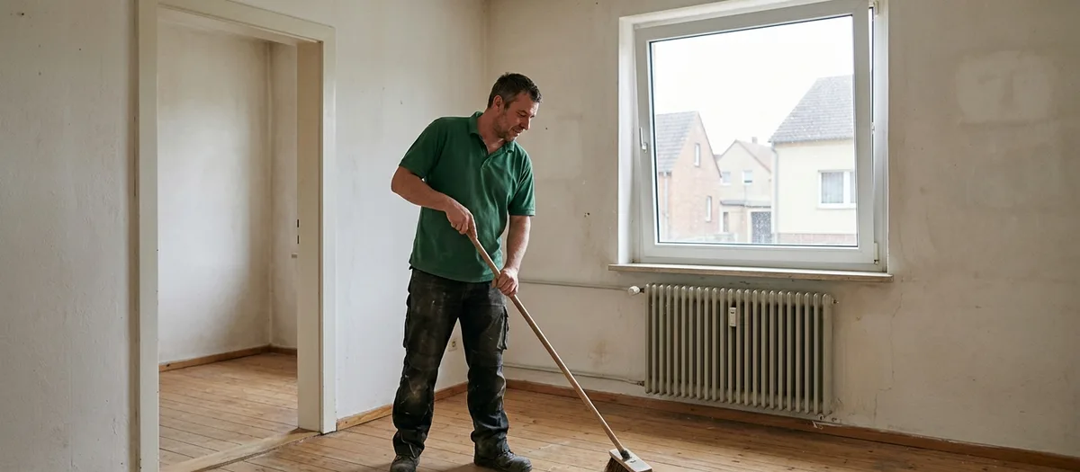 Mitarbeiter im grünen Poloshirt kehrt mit einem breiten Besen die Dielen einer leeren Wohnung aus, im Fenster stehen Gliederheizkörper und die Nachbarhäuser.